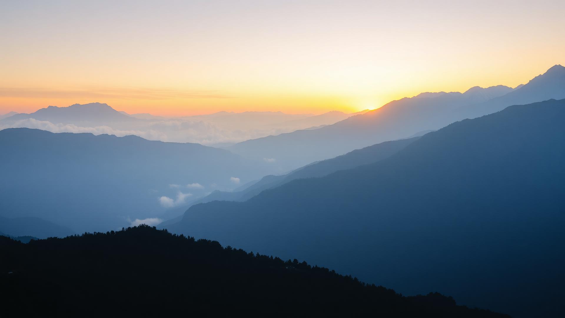 Misty mountain valley at sunrise